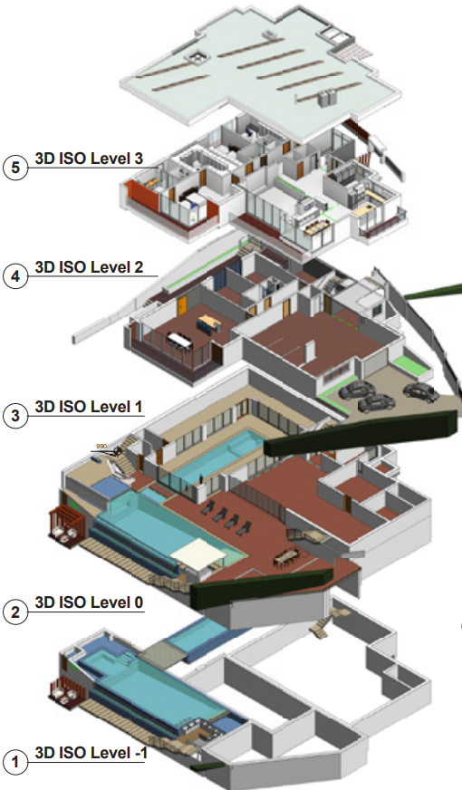 Explosionsdarstellung eines mehrgeschossigen Revit-Gebäudemodells